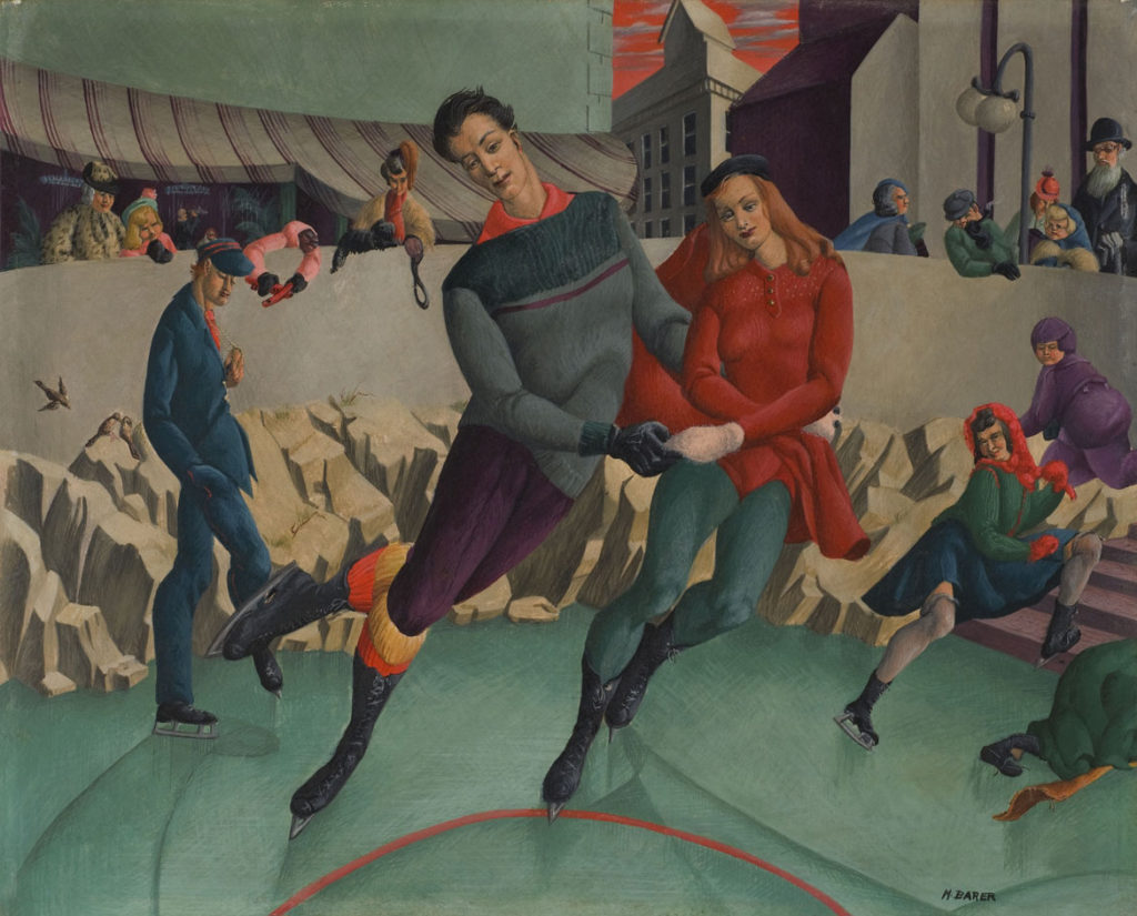 Miriam Anne Barer, "The Skaters," 1943, egg tempera on masonite. (Florence Griswold Museum) 