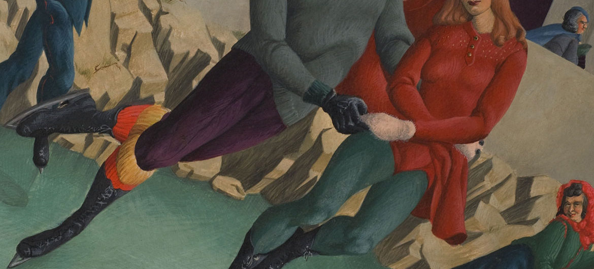Miriam Anne Barer, "The Skaters (detail)" 1943, egg tempera on masonite. (Florence Griswold Museum)