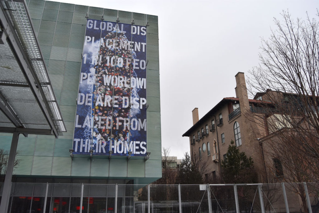 Judith Barry's banner at the Gardner Museum, Jan. 17, 2018. (Greg Cook)