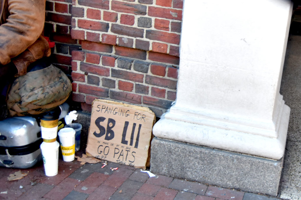 "Spanging for SB LII. In Minn or at my bar. Go Pats. Help? Thank you." Harvard Square, Cambridge, Jan. 26, 2018. (Greg Cook)