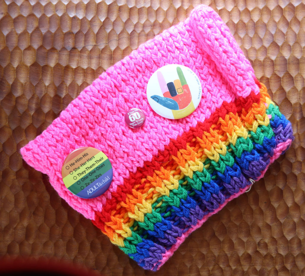 Rainbow hat with pins by Kate Duffy Sim. (Sage Brousseau)