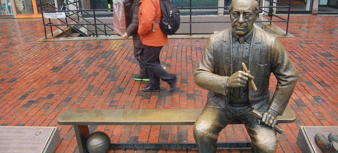 Statue of "Red" Auerbach at Faneuil Hall. (Greg Cook)