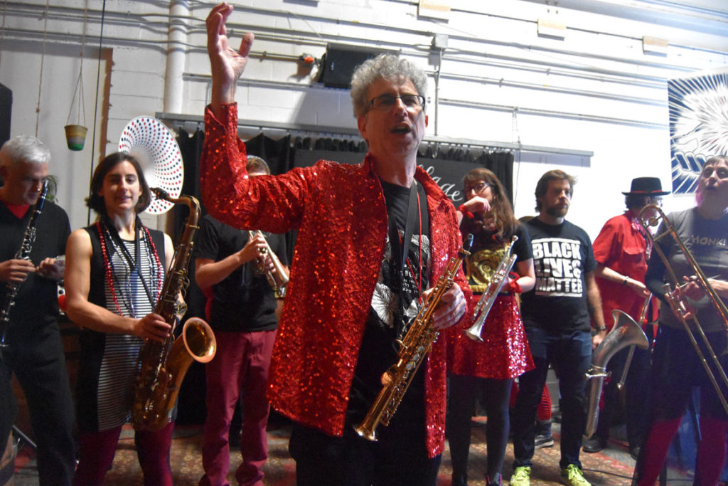 Second Line Social Aid and Pleasure Society Brass Band performs at the HONK! Festival 2017 Volunteer Appreciation Pizza Party at Aeronaut in Somerville, Feb. 18, 2018. (Greg Cook)