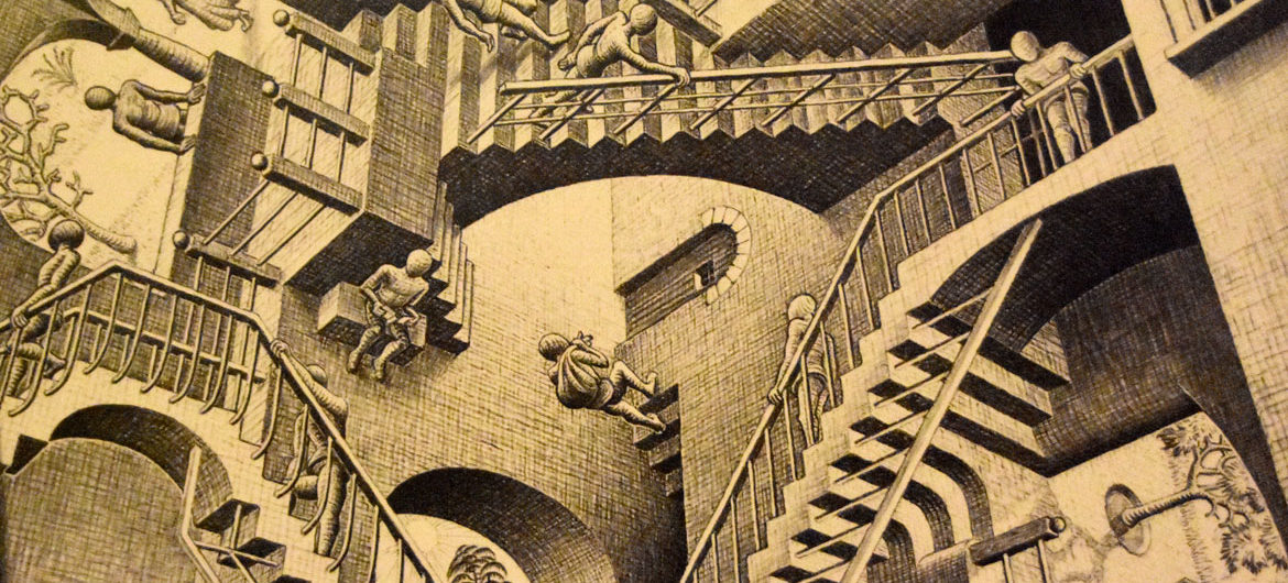 M.C. Escher "Relativity" 1953 lithograph. (Greg Cook)