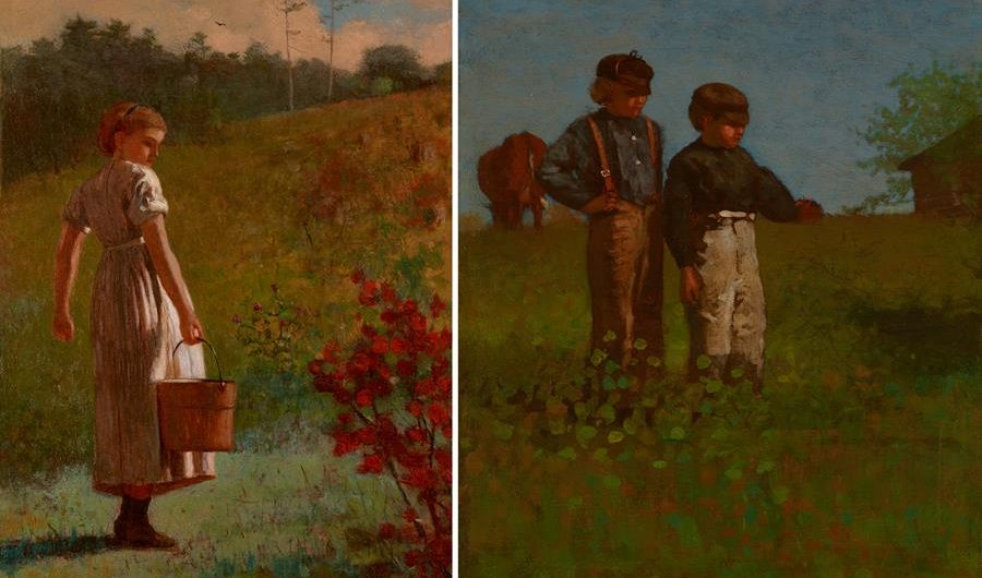 Winslow Homer's 1874 oil paintings "Returning from the Spring" (left) and "Young Farmers (Study for Weaning the Calf." (Portland Museum of Art)