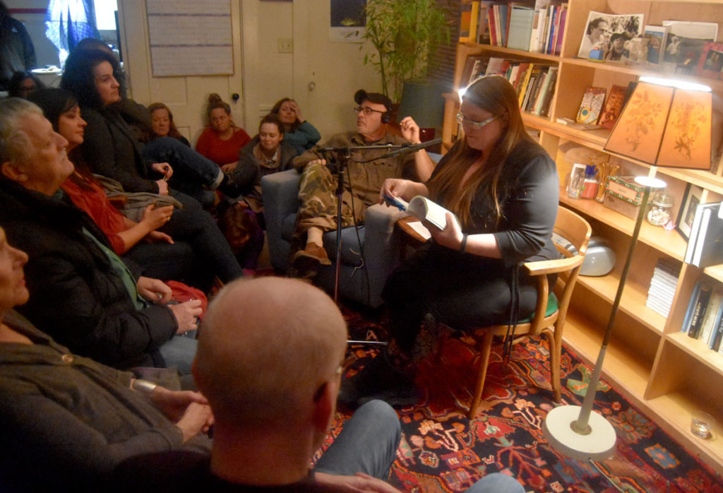 Amanda Cook reads from "Ironstone Whirlygig" at an event celebrating the debut of the book at the Gloucester Writers Center, March 16, 2018. (Greg Cook)