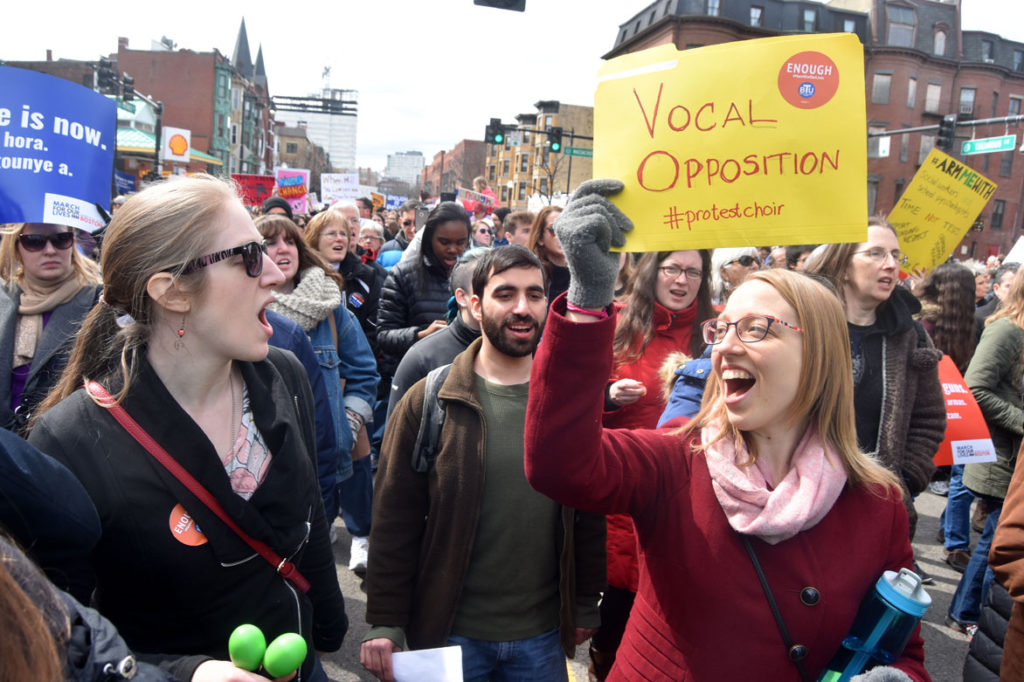 The Vocal Opposition choir sings in the March For Our Lives: Boston, March 24, 2018. (Greg Cook)
