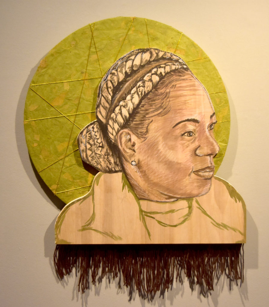 Chanel Thervil “Tender” 2018 wood, acrylic, ink, yarn, paper, canvas, gold cord.