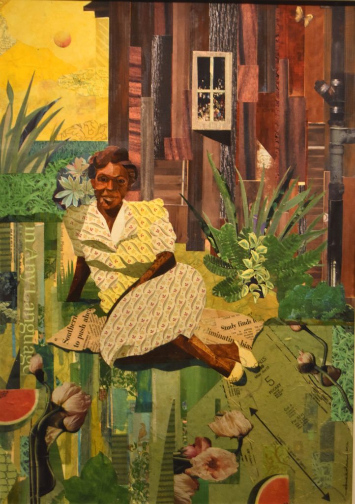 Ekua Holmes “Idyll of the South: Portrait of Aunt Mary Matthew 37:11 (NIV) But the meek will inherit the land and enjoy peace and prosperity” 2016, collage on paper.