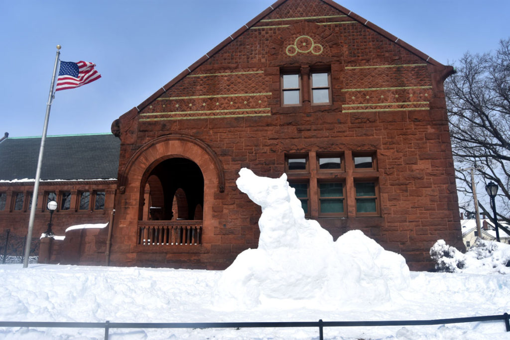 Snow unicorn by Greg Cook at Malden Library, March 14, 2018. (Greg Cook)