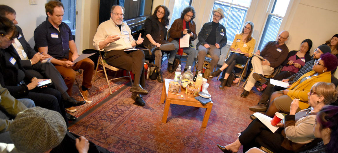 Arts journalism forum at Outpost 186 in Cambridge, May 7, 2018. (Greg Cook)