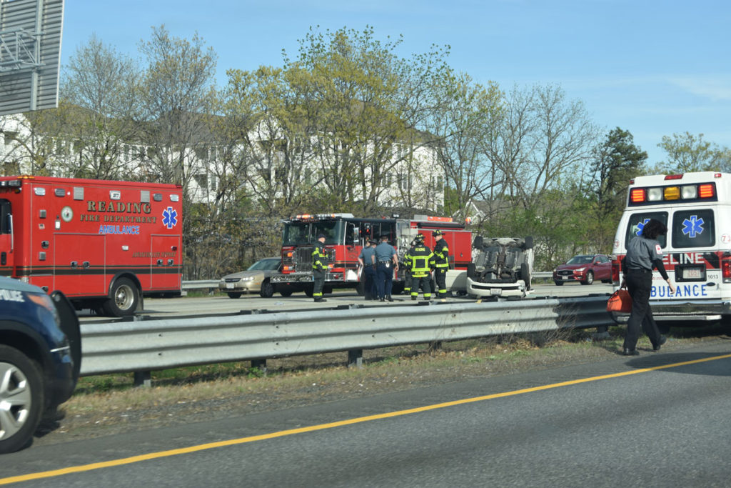 Car Roll-Over On Route 93 Near Reading-Woburn Line, May 8, 2018. (Greg Cook)