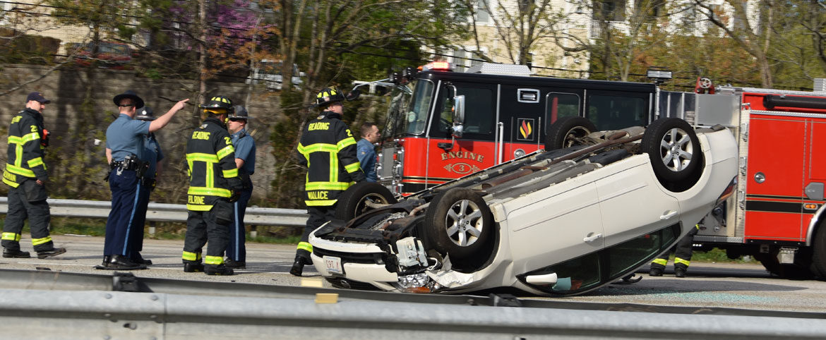 Car Roll-Over On Route 93 Near Reading-Woburn Line, May 8, 2018. (Greg Cook)