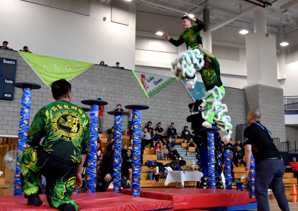 Jongs (Freestyle) lion dance demonstration at USDLDF Dragon and Lion Dance National Championships at Quincy High School Gymnasium, May 27, 2018. (Greg Cook)