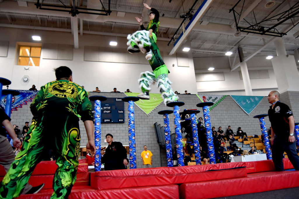 Jongs (Freestyle) lion dance demonstration at USDLDF Dragon and Lion Dance National Championships at Quincy High School Gymnasium, May 27, 2018. (Greg Cook)