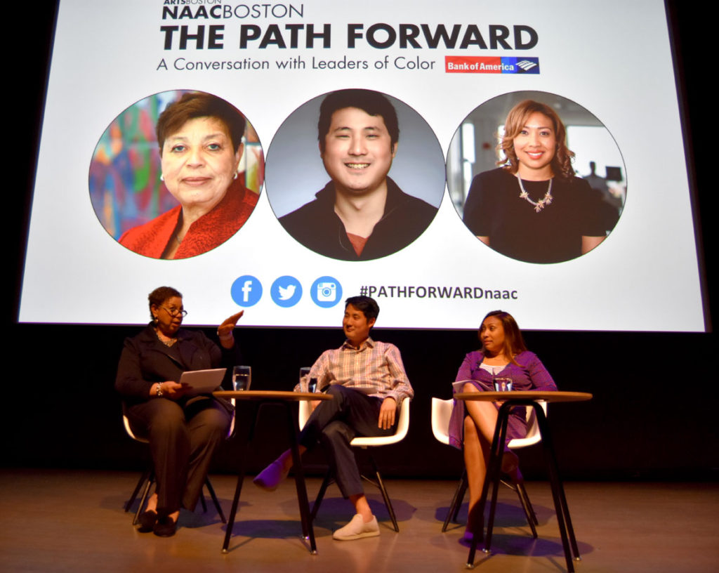 Myran Parker-Brass (from left), Justin Kang and Yasmin Cruz speak at “The Path Forward: A Conversation on Racial Equity in Arts Leadership” organized by the Network for Arts Administrators of Color at Boston’s Institute of Contemporary Art, May 24, 2018. (Greg Cook)