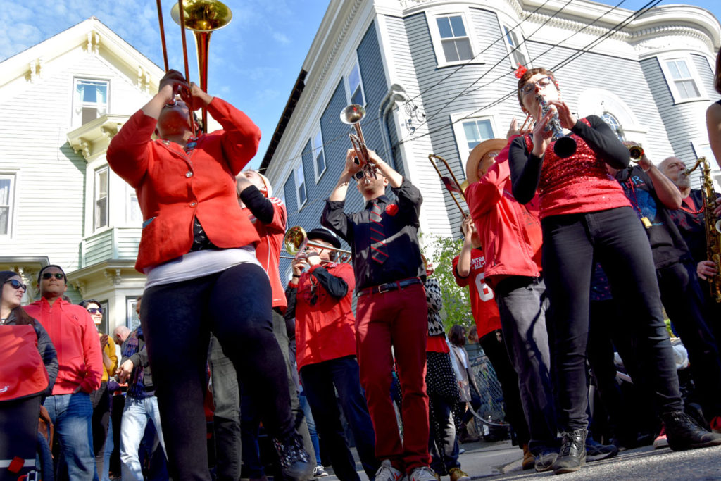 Second Line Social Aid & Pleasure Society Brass Band performs at Somerville's Quincy Street Open Space as part of the annual PorchFest, May 13, 2018. (Greg Cook)