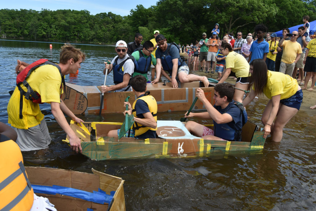 Cardboard Canoe Races at at Wright's Pond in Medford, June 10, 2018. (Greg Cook)