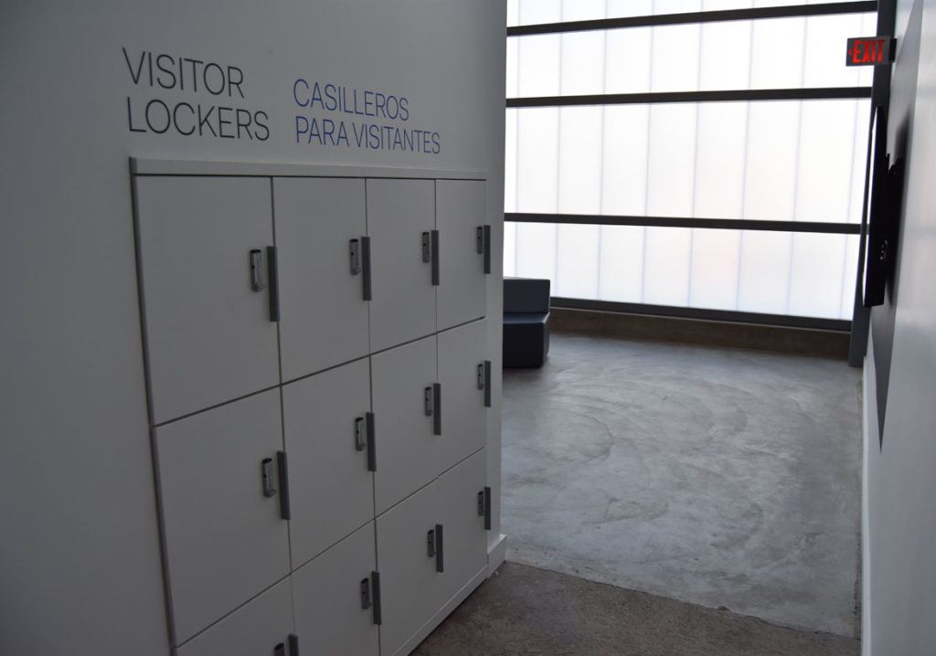Lockers for visitors near the front of the ICA's Watershed, June 26, 2018. (Greg Cook)