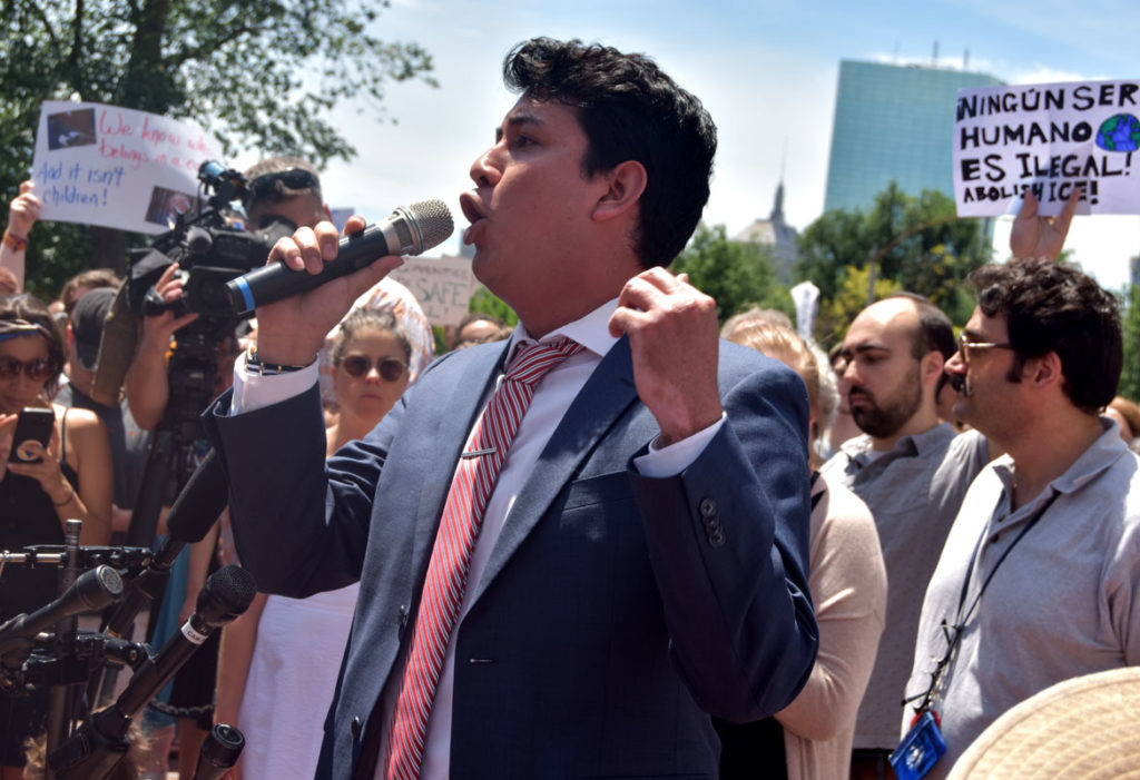Eduardo Samaniego speaks at the "State House action to protect immigrant families in Massachusetts" at Massachusetts State House, Boston, June 20, 2018. (Greg Cook)