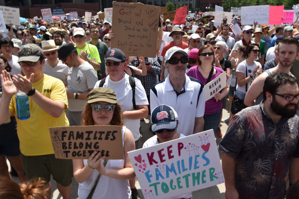 “Together and Free: Rally Against Family Separation" at Boston City Hall, June 30, 2018. (Greg Cook)