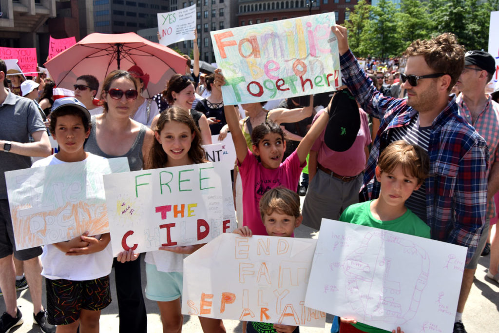 “Together and Free: Rally Against Family Separation" at Boston City Hall, June 30, 2018. (Greg Cook)
