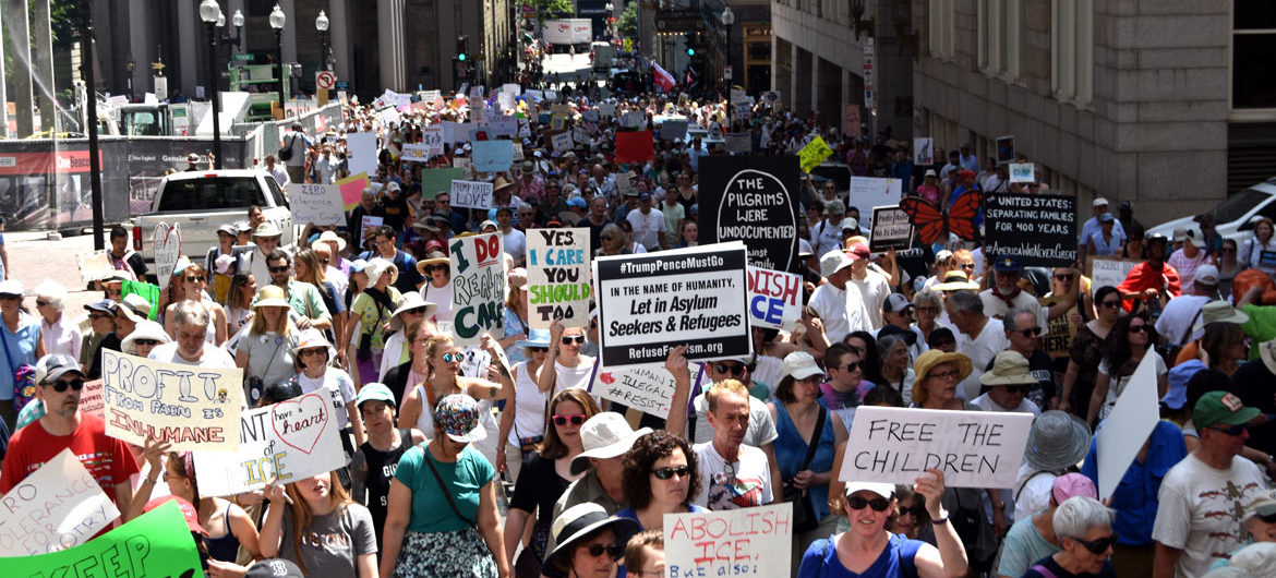 “Together and Free: Rally Against Family Separation" marches from Boston City Hall to Boston Common, June 30, 2018. (Greg Cook)