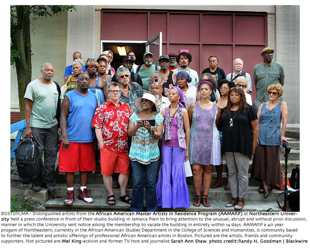 Artists in the African American Master Artists In Residence Program held a press conference at the 76 Atherton St. building on July 1, 2018, to oppose Northeastern University's moves. (Randy H. Goodman/Blackwire)