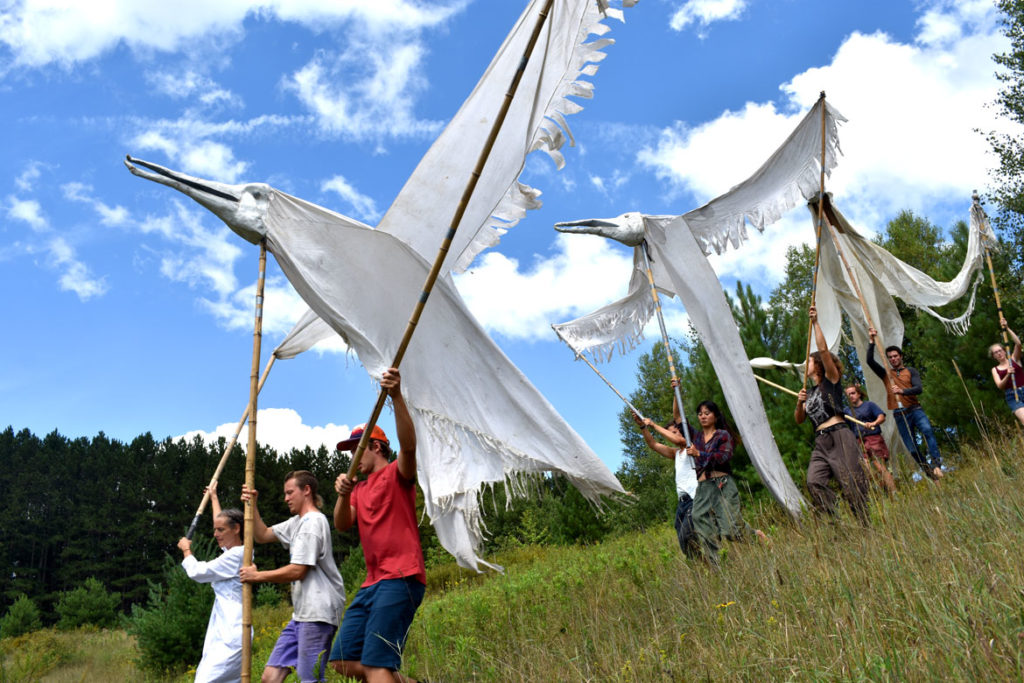 Bread and Puppet Theater rehearses its "Grasshopper Rebellion Circus," Glover, Vermont, Aug. 19, 2018. (Greg Cook)