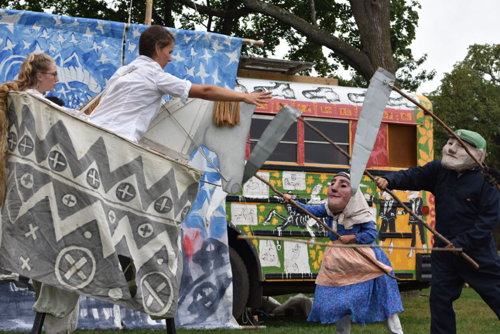 Bread and Puppet Theater's "Grasshopper Rebellion Circus" at Cambridge Common, Sept. 8, 2018. (Greg Cook)