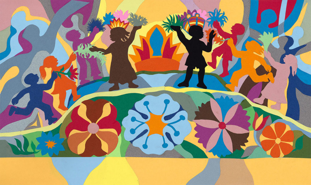 Ashley Bryan, “Oh, when the children sing in peace” for "All Things Bright and Beautiful," collage of cut colored paper on paper, 2006. (Courtesy)
