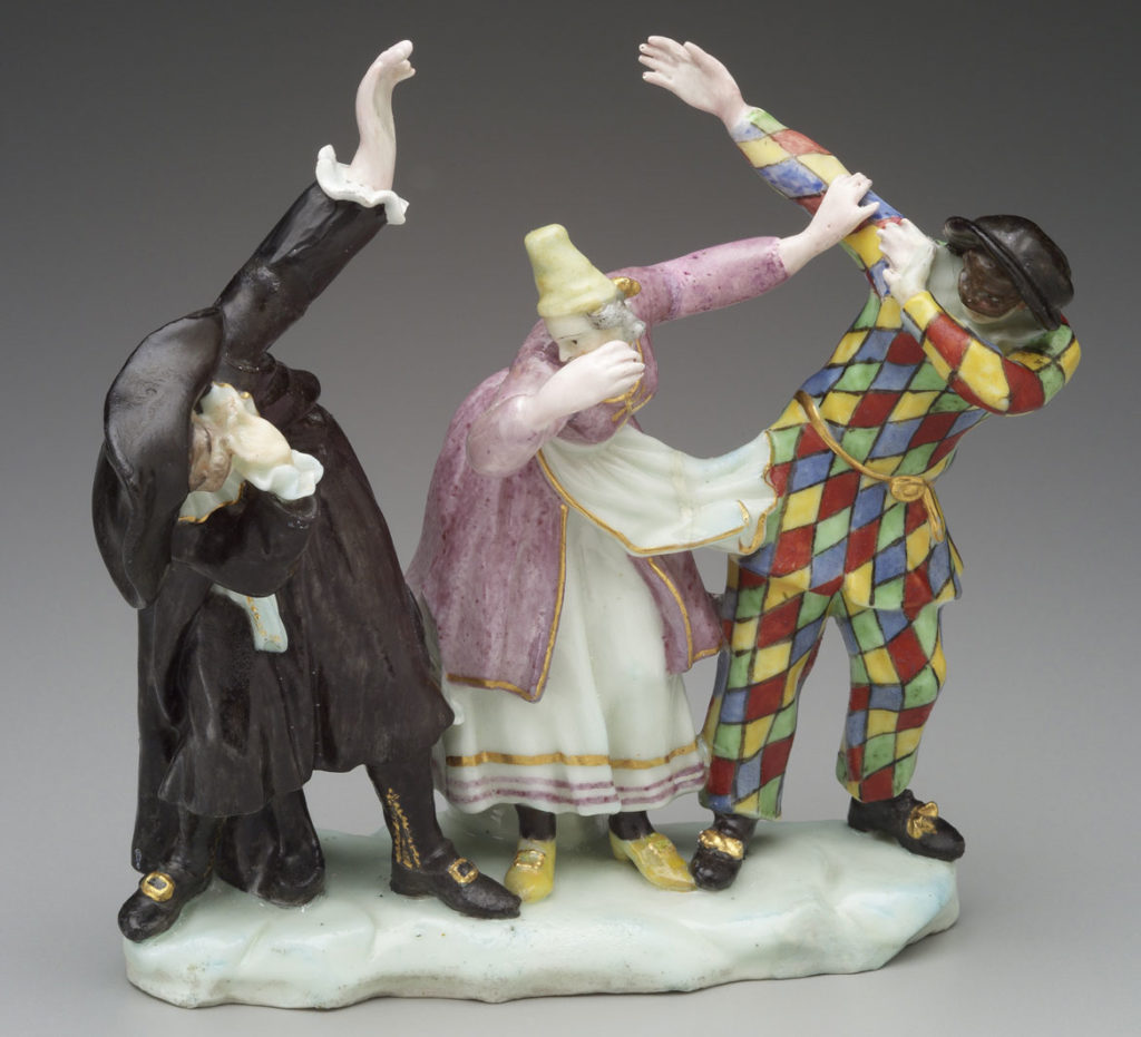 Capodimonte Manufactory, "The Doctor, Harlequin and Colombine," about 1750, soft-paste porcelain with colored enamel and gilded decoration. (Courtesy Museum of Fine Arts, Boston)