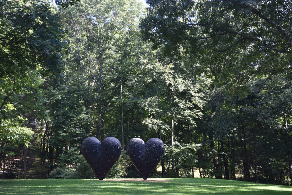 DeCordova Sculpture Park and Museum, Sept. 15, 2018: Jim Dine's 1985 sculpture "Two Big Black Hearts." (Greg Cook)