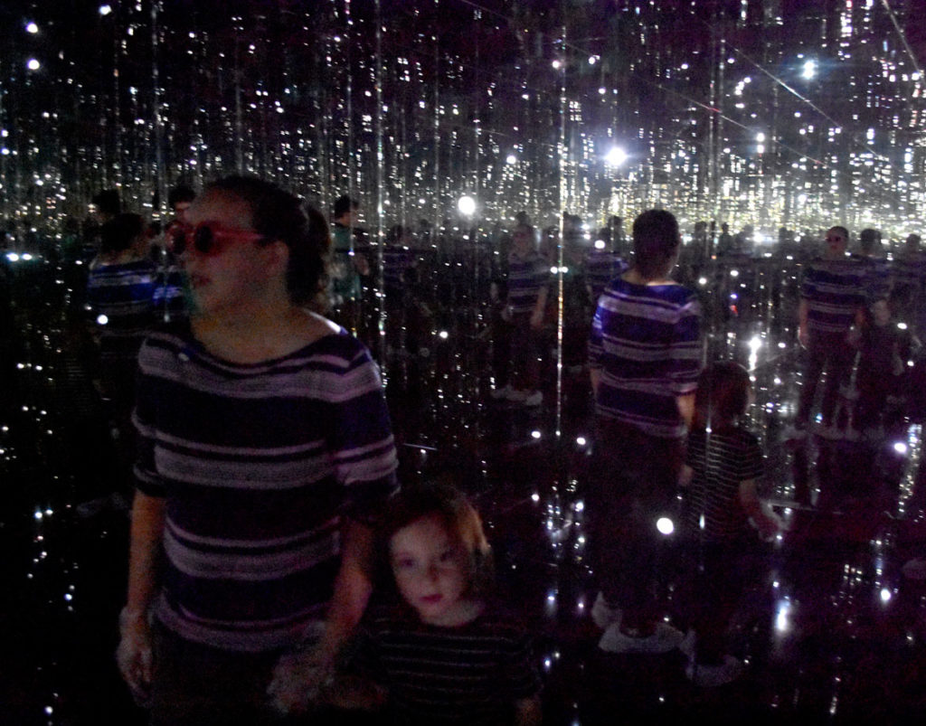 Inside Yayoi Kusama's "Where the Lights in My Heart Go," an infinity mirror room, 2016, at Decordova. (Greg Cook)