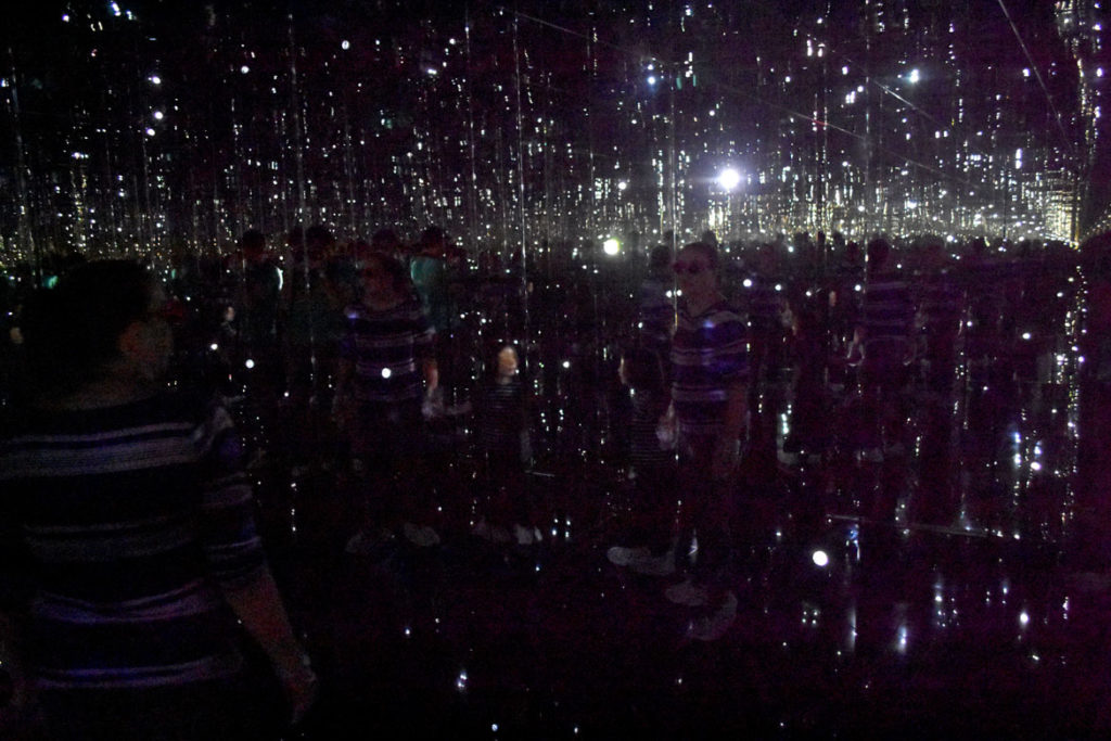 Inside Yayoi Kusama's "Where the Lights in My Heart Go," an infinity mirror room, 2016, at Decordova. (Greg Cook)