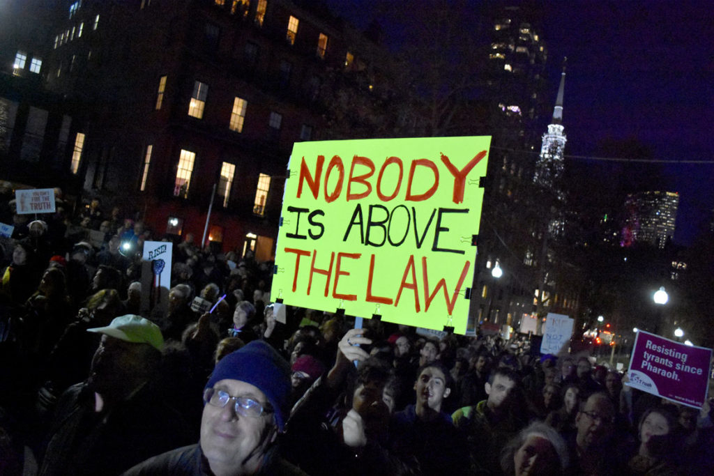 “Rally To Protect Mueller & Rosenstein - You Can't Fire The Truth" on Boston Common, Nov. 8, 2018. (Greg Cook)