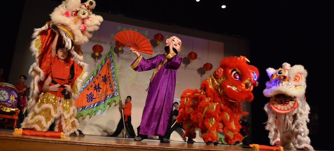 Lion Dance by Wah Lum Kung Fu and Tai Chi Academy during Chinese Lunar New Year Celebration at Malden High School, Jan. 26, 2019. (Greg Cook)