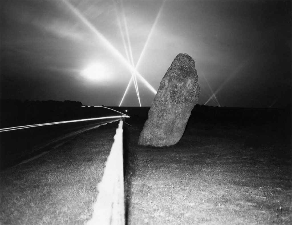 Harold Edgerton, “Stonehenge with Flares,” 1944. “Illuminated by Edgerton's 50,000 watt/second flash in the bay of a night-flying airplane 1500 feet above the ancient monoliths, Stonehenge served as a demonstration to the Allied commanders of the potential for tracking troop movements during World War II. Edgerton was on the ground with his camera braced on a fencepost. This target was remote enough to allow testing of the equipment without arousing unwanted interest."