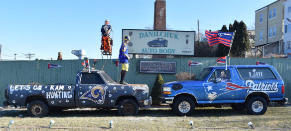 Danilchuk Auto Body's Patriots versus Rams display, Jan. 30, 2019. (Greg Cook)