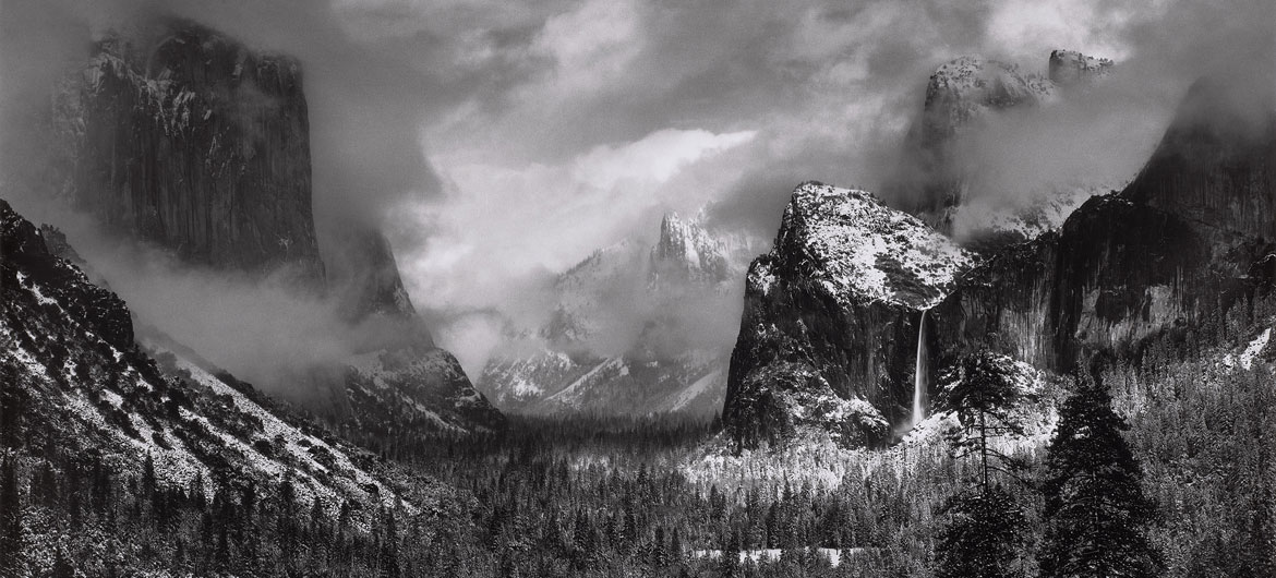 Ansel Adams, "Clearing Winter Storm, Yosemite National Park," about 1937, photograph, gelatin silver print. (Courtesy, Museum of Fine Arts, Boston)