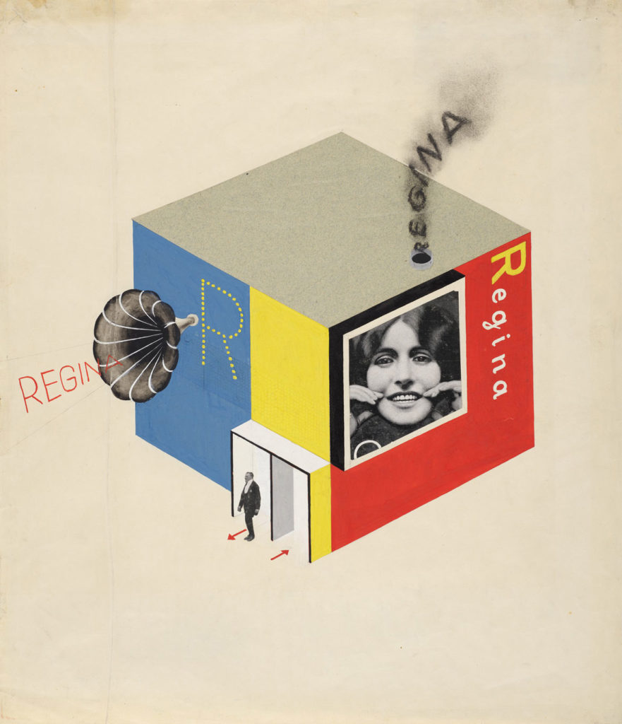 At Harvard Art Museums: Herbert Bayer, "Design for a Multimedia Trade Fair Booth," 1924. Opaque watercolor, charcoal, and touches of graphite with collage of cut printed and colored papers on off-white wove paper. (Harvard Art Museums/Busch-Reisinger Museum)