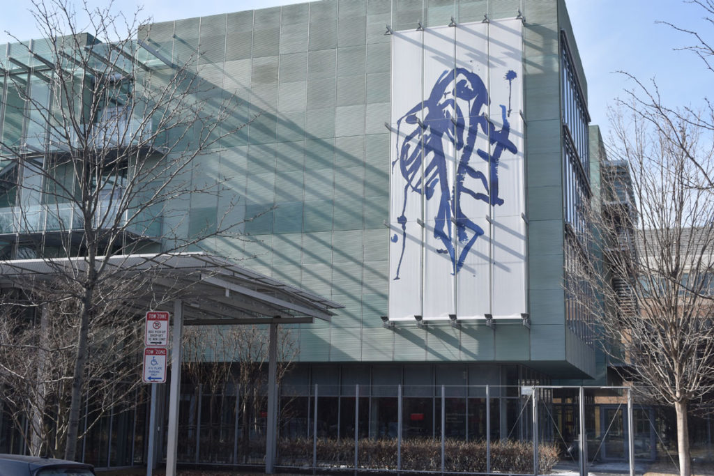 Joan Jonas "Blue to Blue" banner on facade of Gardner Museum, Feb. 1, 2019. (Greg Cook)