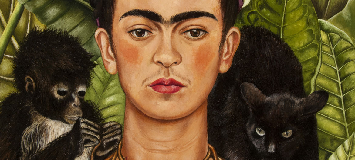 Frida Kahlo, "Self-Portrait with Hummingbird and Thorn Necklace," 1940, oil on canvas. (Courtesy, Museum of Fine Arts, Boston)