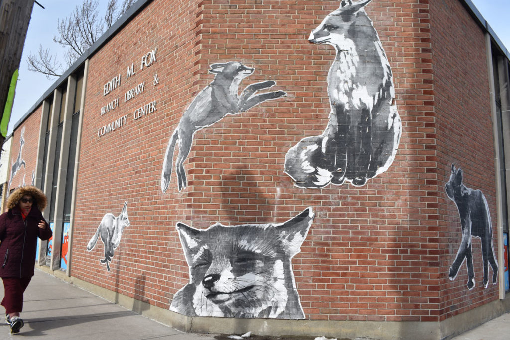 Eileen de Rosas’s temporary mural on Arlington’s Fox Library. (Greg Cook)