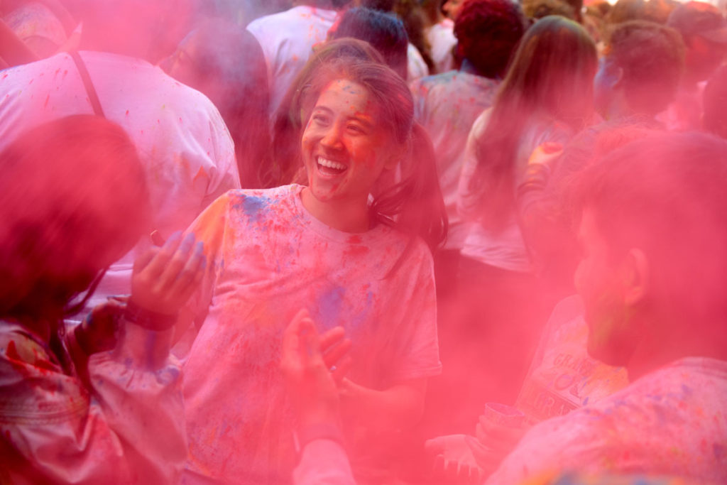 Celebrating Holi in an event organized by the Boston University Hindu Student Council, March 30, 2019. (Greg Cook)