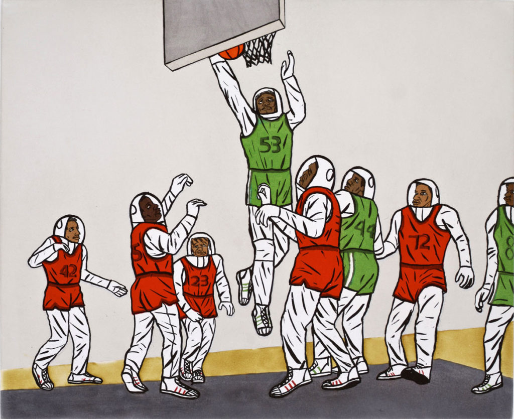 David Huffman, "Hoop Dreams," 2007, color softground and spitbite aquatint etching. (Courtesy of Paulson Fontaine Press, Berkeley, CA)