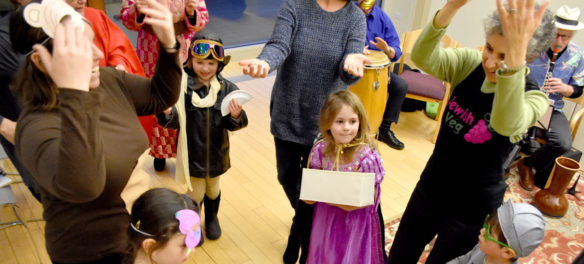 Purim Party at Gloucester's Temple Ahavat Achim, March 20, 2019. (Greg Cook)