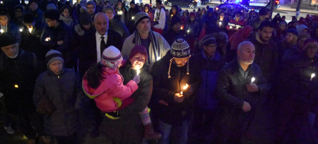 “Candlelight Vigil for Victims of the New Zealand Mosque Attacks." at Cambridge City Hall, March 19, 2019. (Greg Cook)