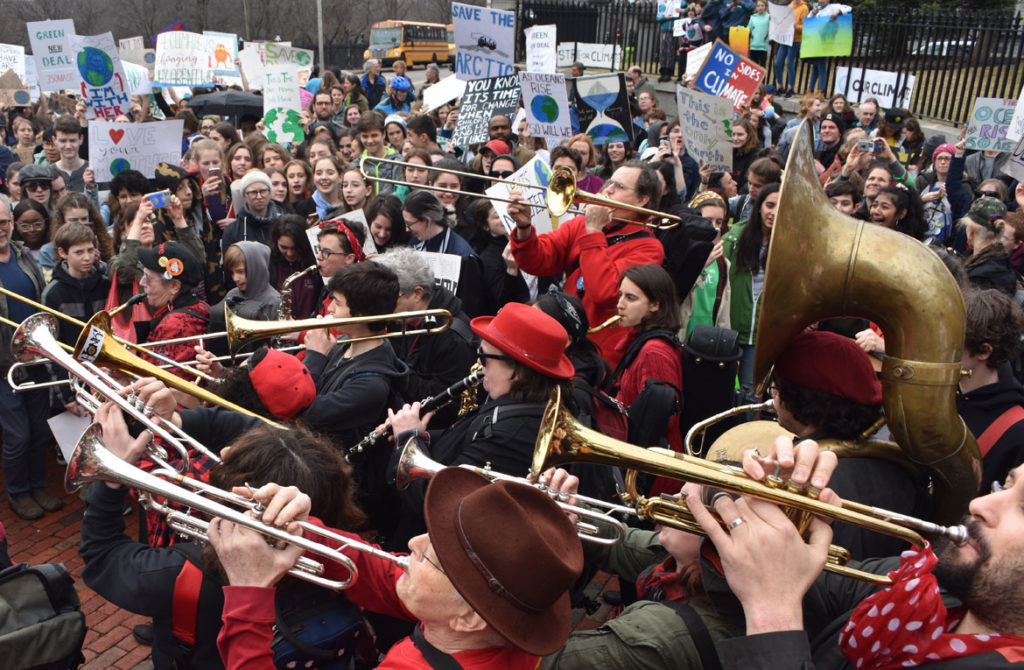 Second Line Social Aid and Pleasure Society Brass Band plays at the Youth Climate Strike at Massachusetts State House, Boston, March 15, 2019. (Greg Cook)