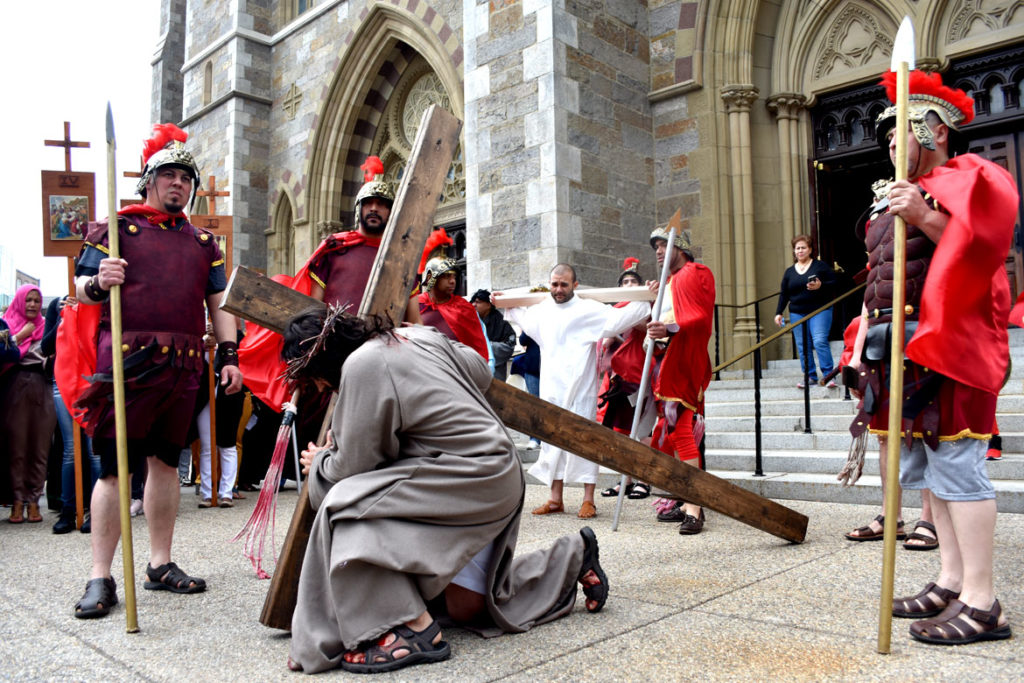 A Good Friday Stations of the Cross pageant for Easter performed in the neighborhood around Boston's Cathedral of the Holy Cross, April 19, 2019. (Greg Cook)
